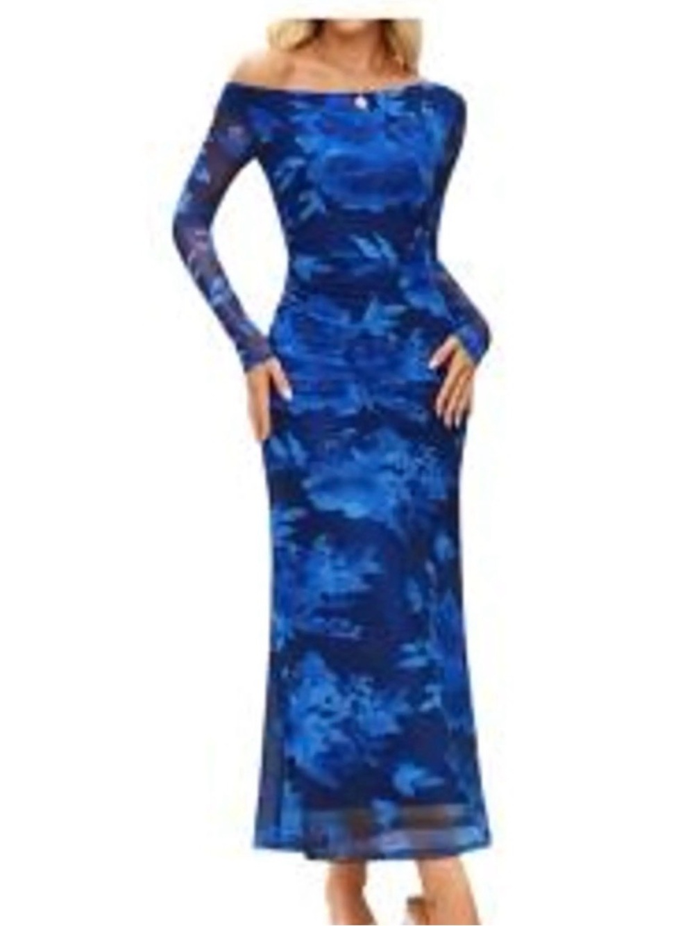 Off-Shoulder Blue Print Maxi Dress with Long Sleeves